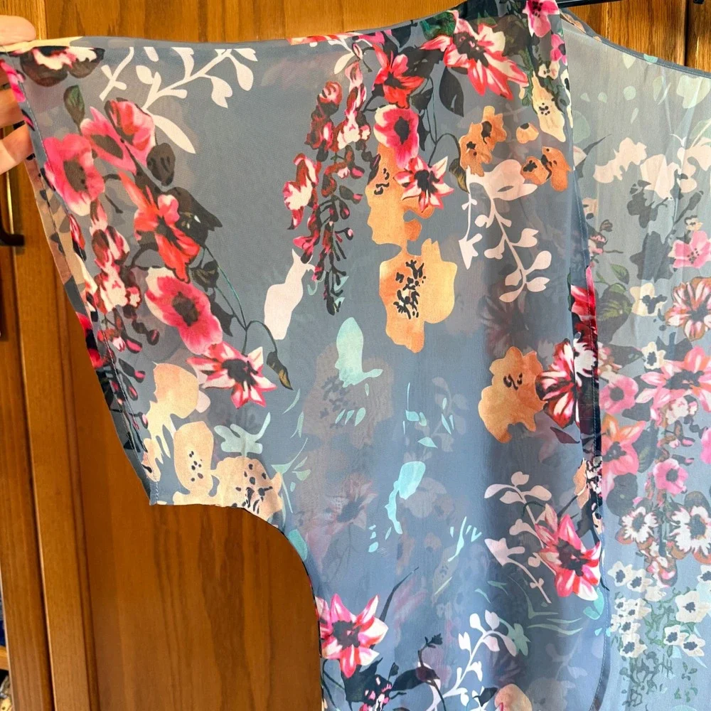 Chiffon‎ Kimono XL Wrap Womens  Green Floral Boho Sheer Wrap Summer